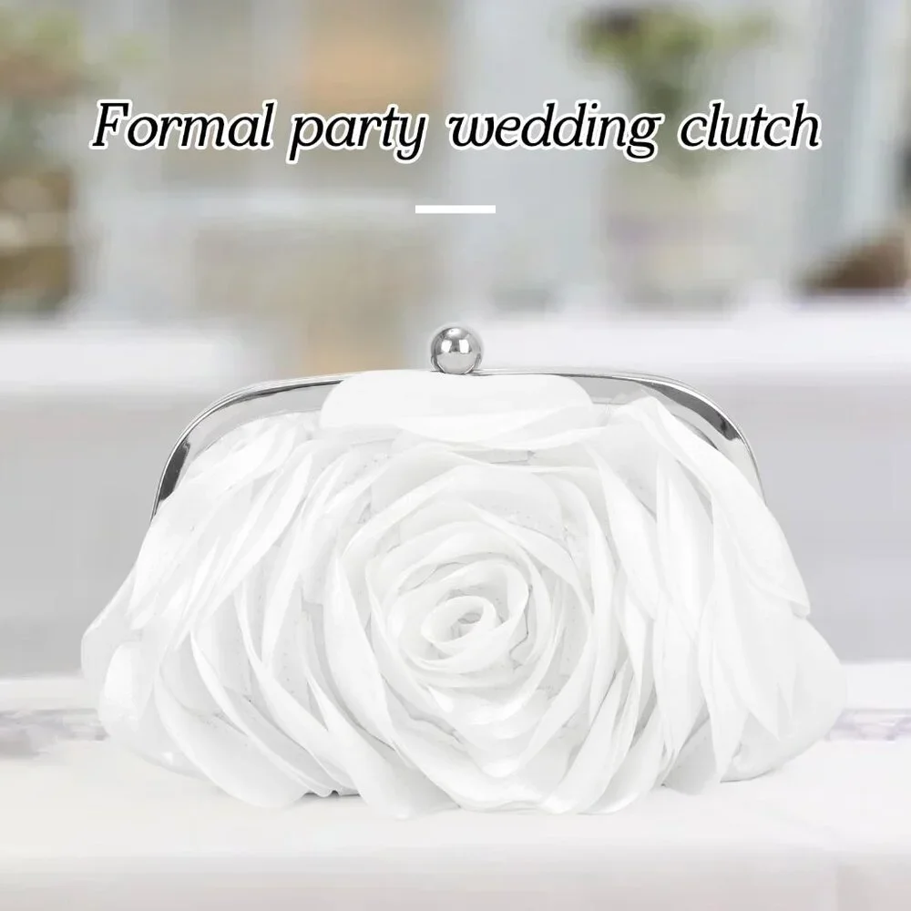 Floral Satin Clutch Purse Women Rose Evening Bag with Chain for Party